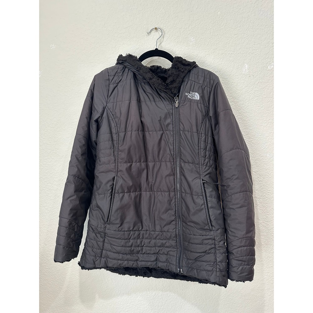 The North Face Mossbud Swirl Reversible Jacket Gray Black Fleece Hooded SmallP